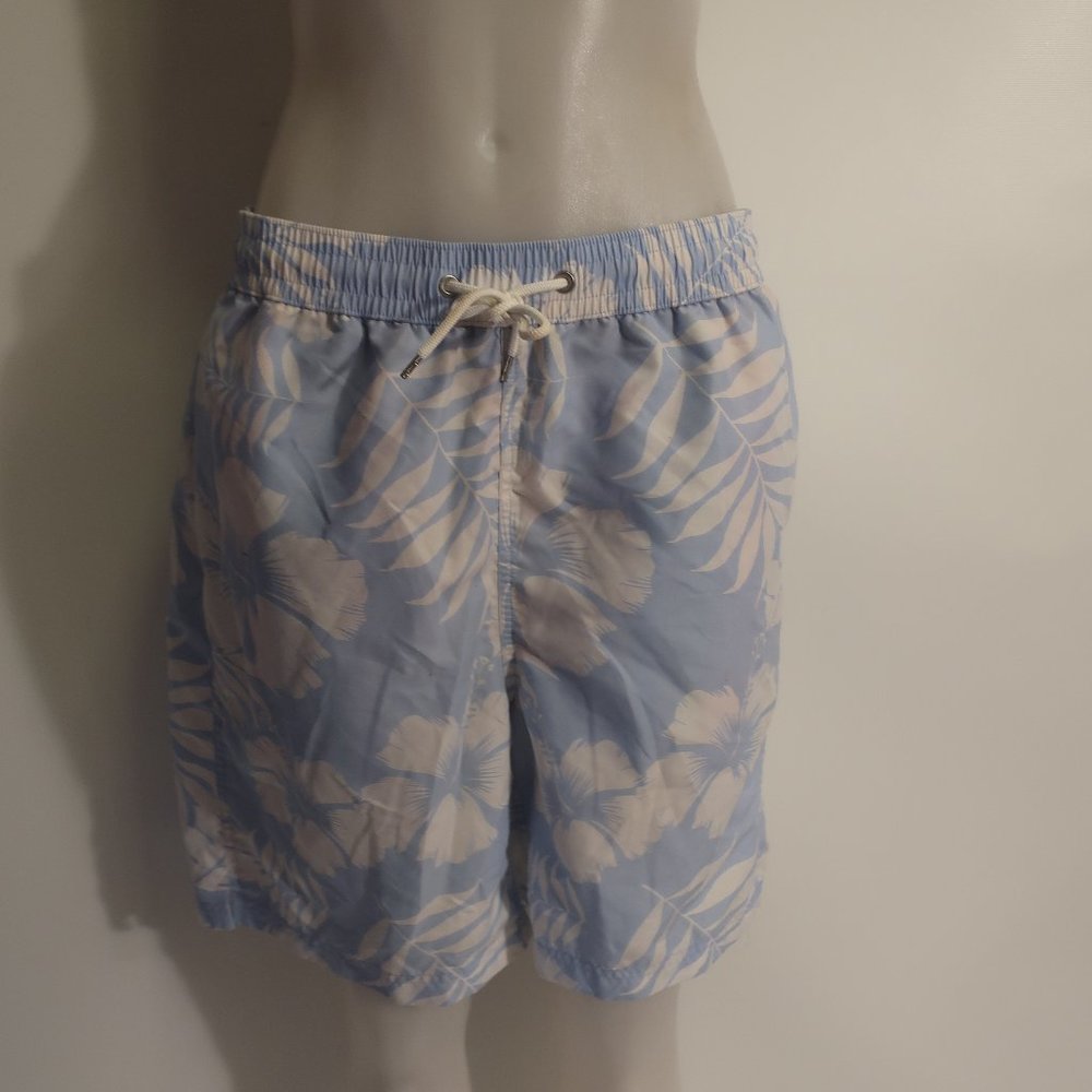 Mens Neiman Marcus Pale Blue White Tropical Brief Lined Swim Trunks Shorts L *